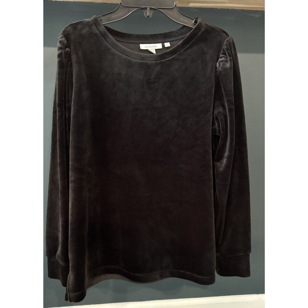 Chico’s Fleecy Velour Sweatshirt Like Top with Puff Sleeve Size 1 (M) Black